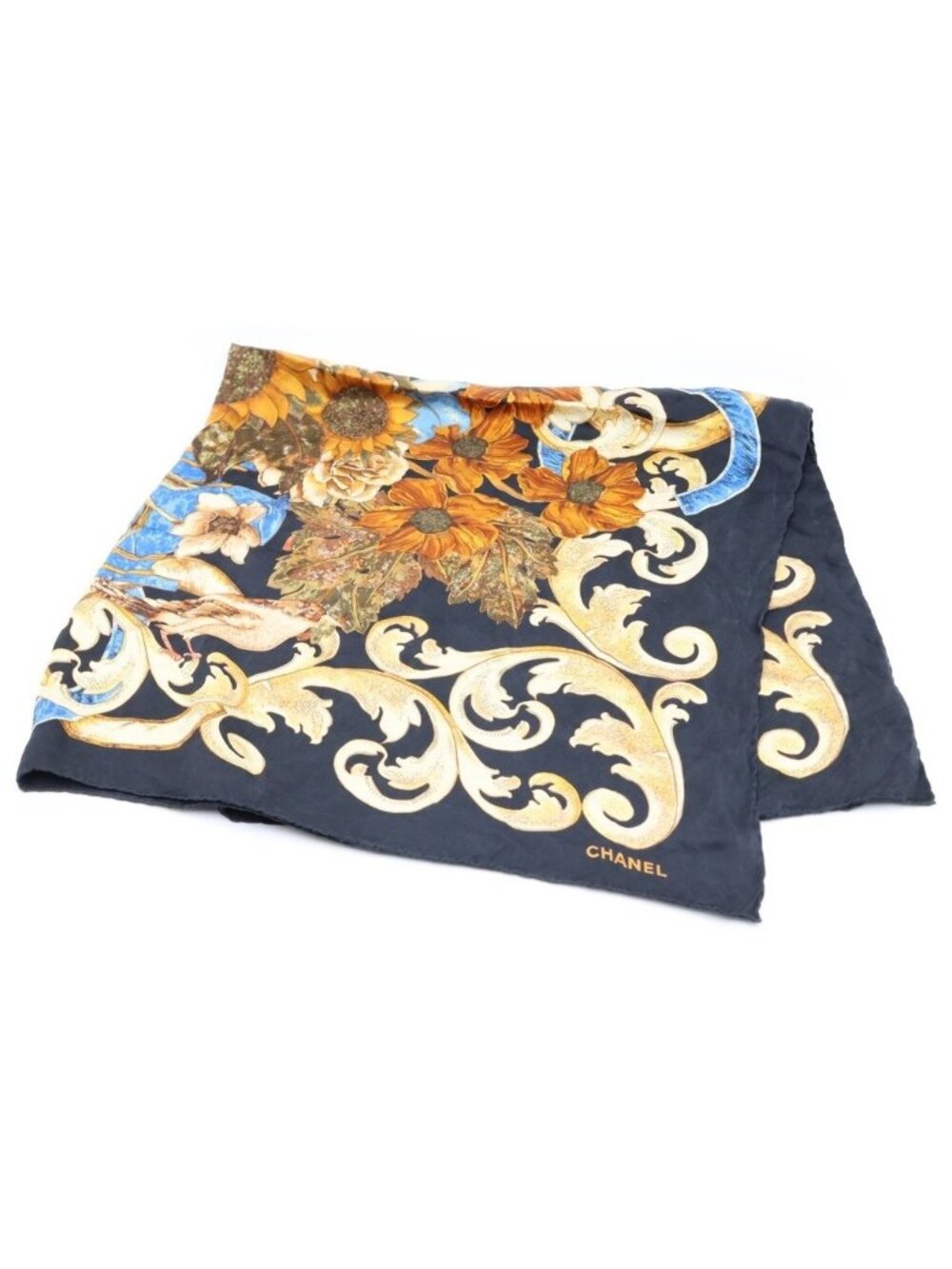 Chanel Vintage CC Logo Flower Pattern Silk Scarf Multicolor